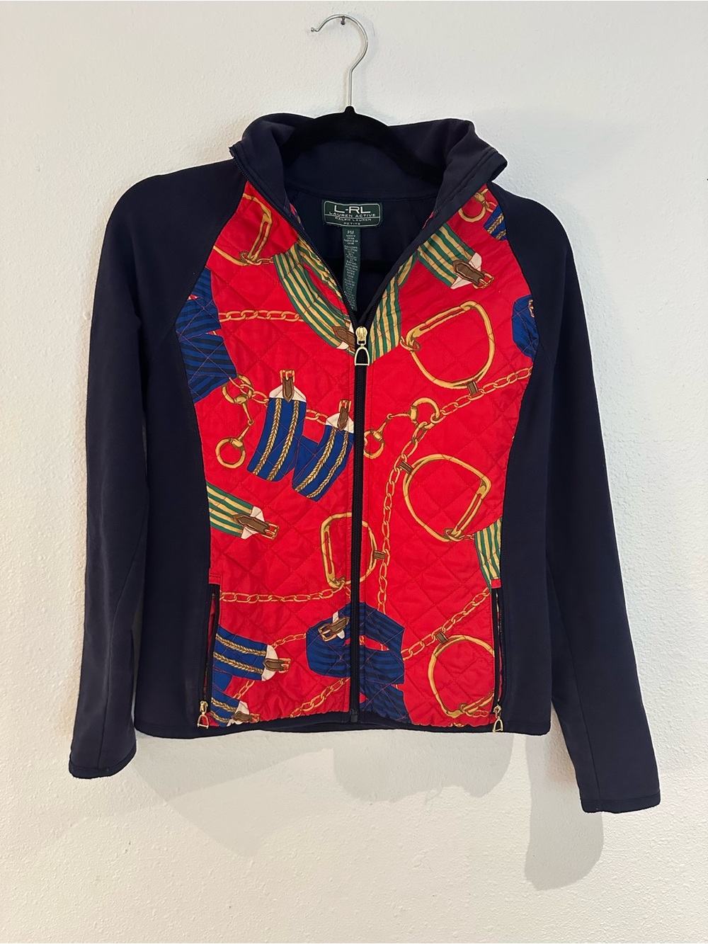Vintage LRL Lauren Ralph Lauren Navy Sleeve Quilted Equestrian Print Zip Jacket